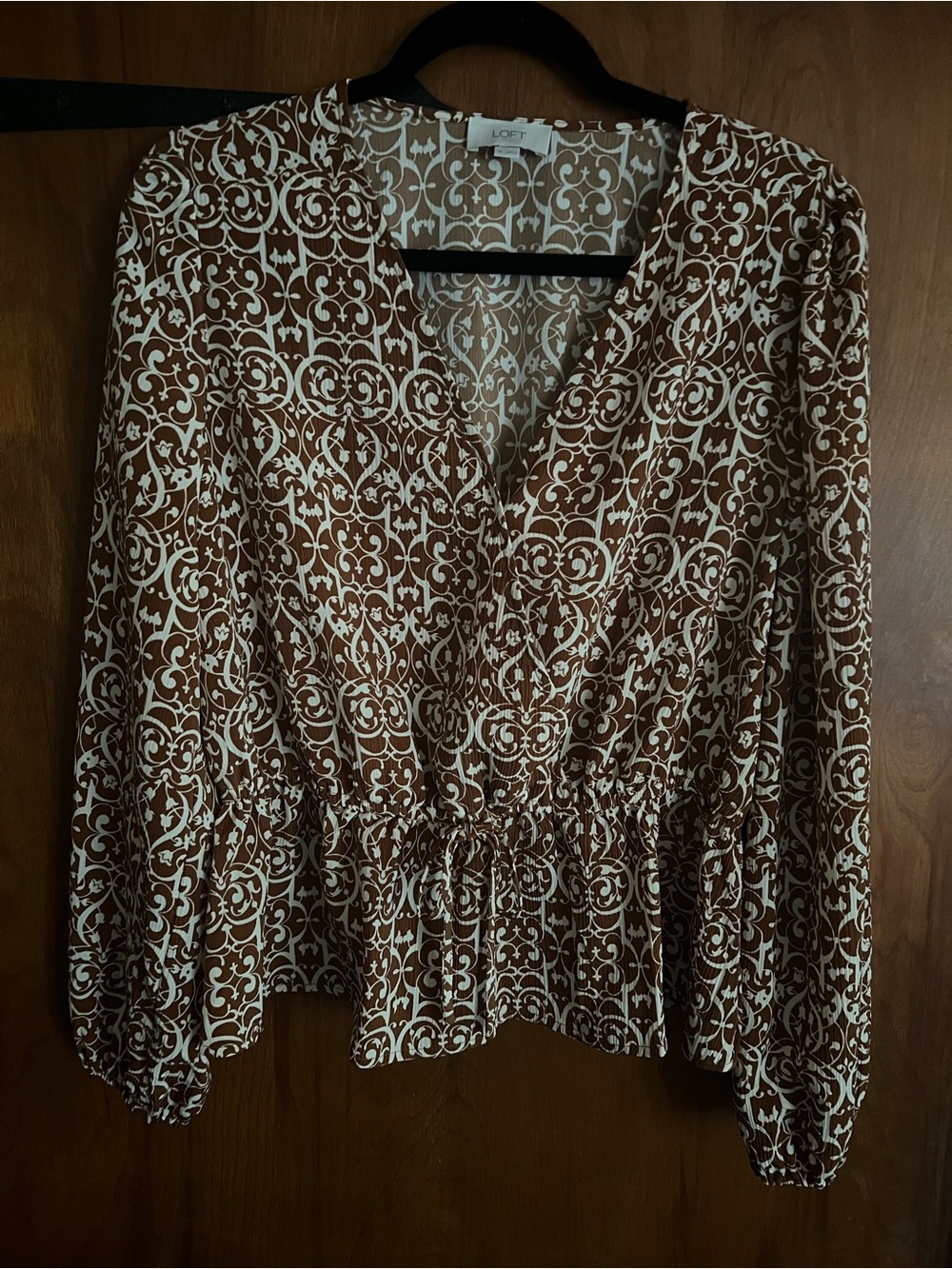 LOFT Brown and White Printed Peplum Blouse